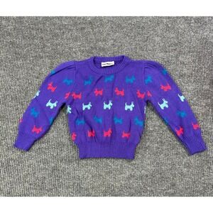 Vintage Kids Sweater Girls 4T Purple Acrylic Puff Sleeve Knitwaves Scottie Dog